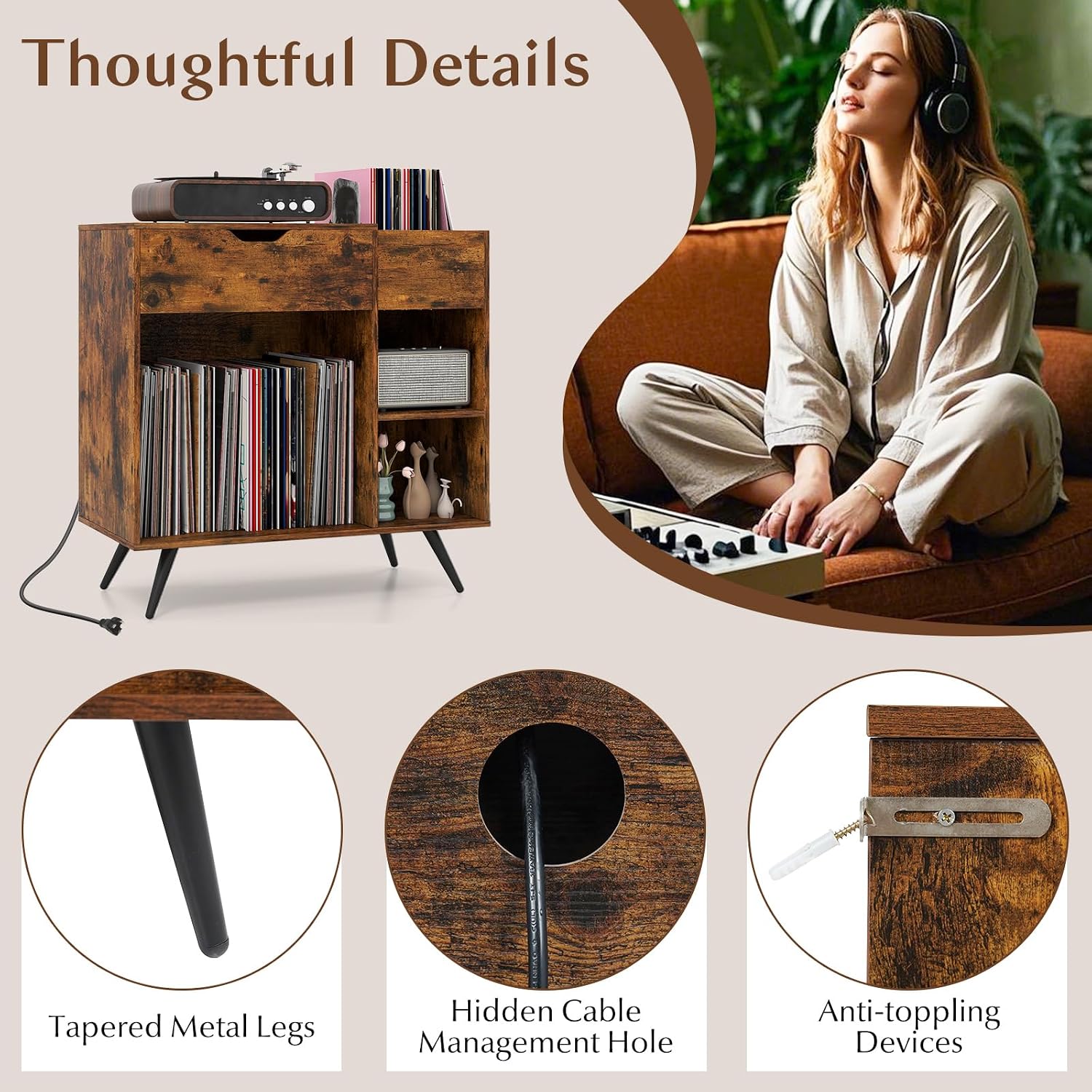 LOKO Record Player Stand with Charging Station, Vinyl Record Holder with Removable Divider, Industrial Turntable Display Stand, Record Storage Table Cabinet for Living Room, Bedroom, Rustic Brown