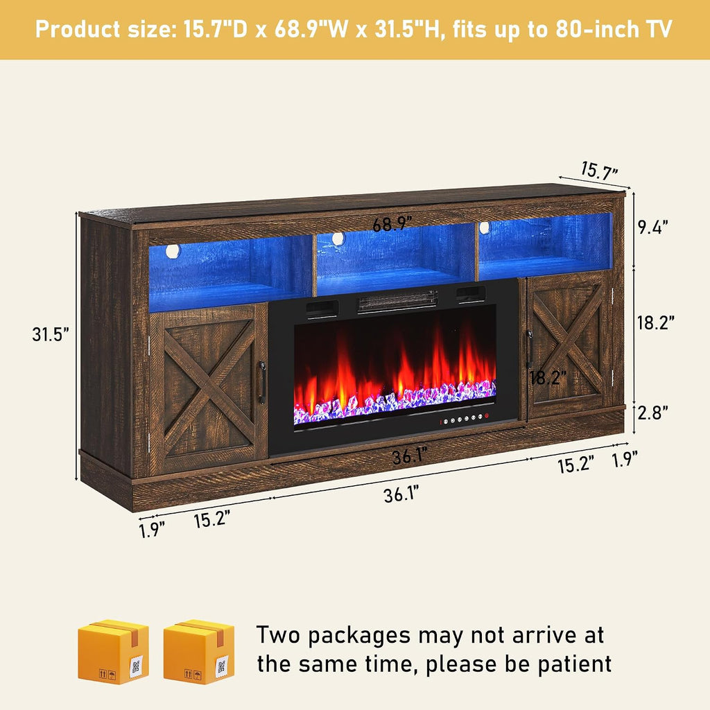 jiteentarou Farmhouse Fireplace TV Stand for 70/75/80 Inch TV, 32”Tall Entertainment Center w/ 36”Electric Fireplace and LED Light, 70”Media Console w/Barn Door Cabinet for Living Room, Brown