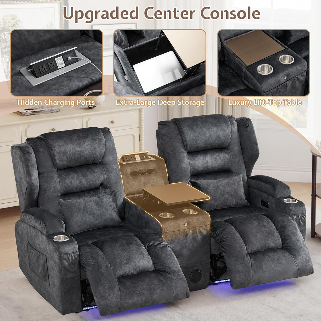SAMERY Loveseat Recliner Sofa, Power Reclining Loveseat Sofa, Wall Hugger Recliners RV Couch with Console, Lift-Top Table, Rhythm & Ambient LED Lights, USB-C, Outlets, Velvet, Gray