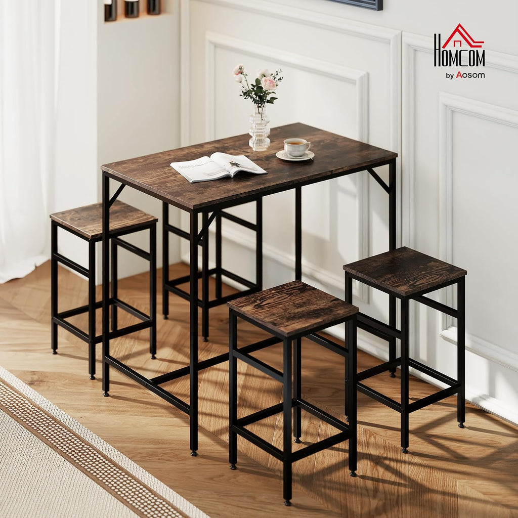 HOMCOM 5-Piece Industrial Dining Table Set, Bar Table Chair Set Black/Brown | 4 Stools Included, Space Saving, Pub & Kitchen