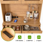 KEIKI 75 Inch Farmhouse Pantry Cabinet with Charging Station, Tall Arched Coffee Bar Cabinet with Adjustable Shelves & Drawer, Freestanding Storage Sideboard for Kitchen Dining Room Living Room, Oak
