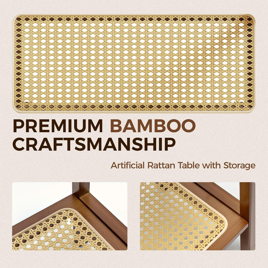 Rattan Side Table Mid Century Modern End Table Living Room 2-Tier End Table with Rattan Storage Shelves for Small Space Night Stand Narrow Coffee Table Boho Bamboo Small Bedside Table