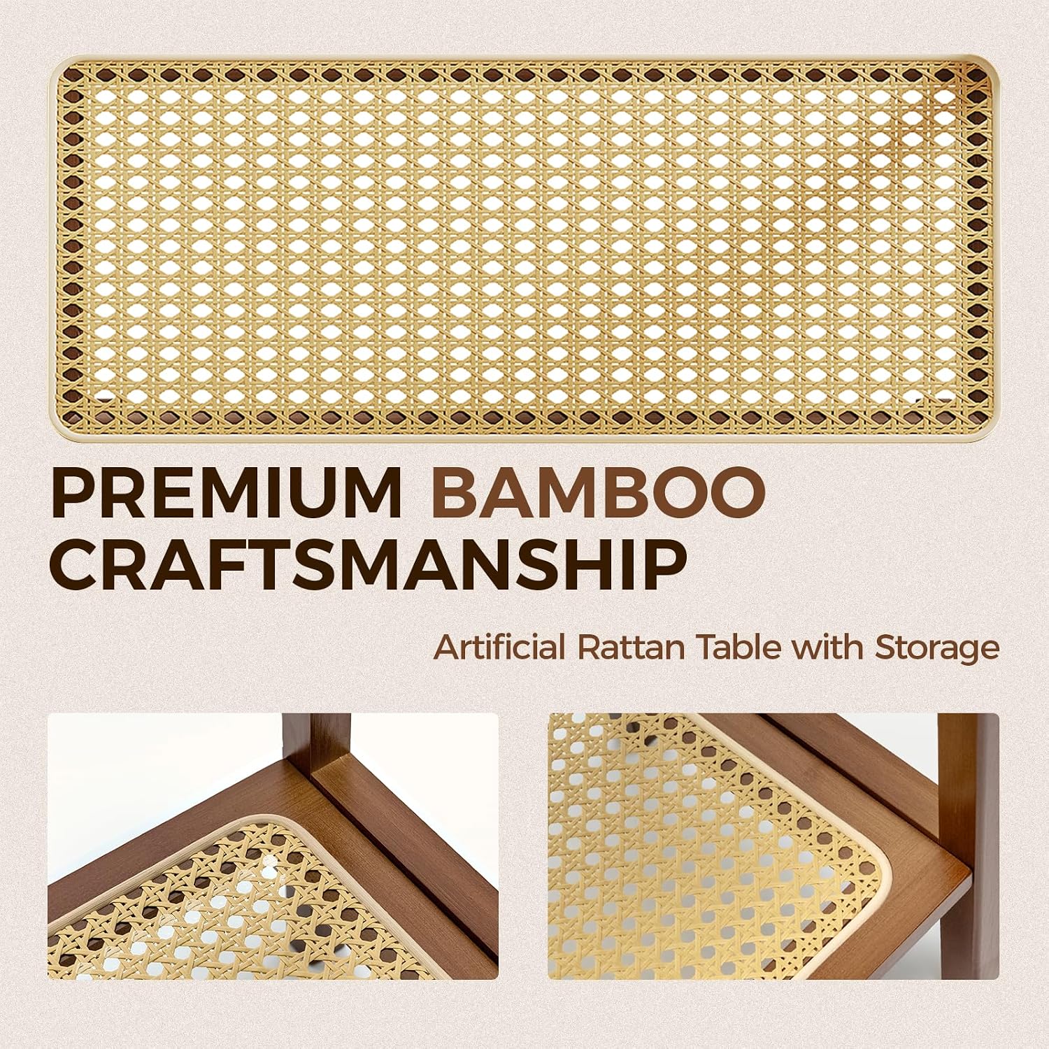 Rattan Side Table Mid Century Modern End Table Living Room 2-Tier End Table with Rattan Storage Shelves for Small Space Night Stand Narrow Coffee Table Boho Bamboo Small Bedside Table