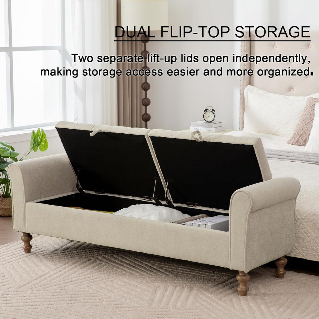 Storage Bench for Bedroom, 65.2'' Tufted End of Bed King Size Upholstered Extra-Long Bench with Dual Flip-Top Lids for Entryway, Hallway, Cloakroom, Window, Griege.