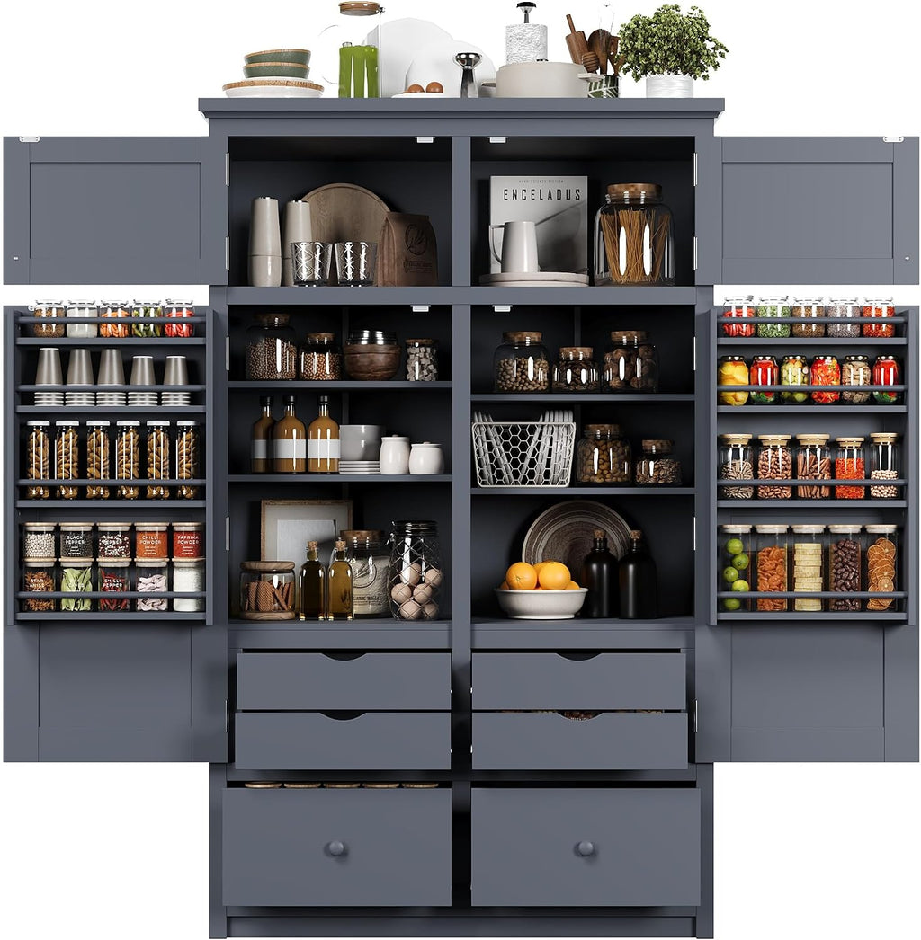 Tall Kitchen Pantry Cabinet with Adjustable Shelves, Freestanding Large Cupboard with 8 Door Shelves, 4 Pull-Out Trays, 6 Drawers for Kitchen, Dining Room (Grey)