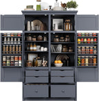 Tall Kitchen Pantry Cabinet with Adjustable Shelves, Freestanding Large Cupboard with 8 Door Shelves, 4 Pull-Out Trays, 6 Drawers for Kitchen, Dining Room (Grey)