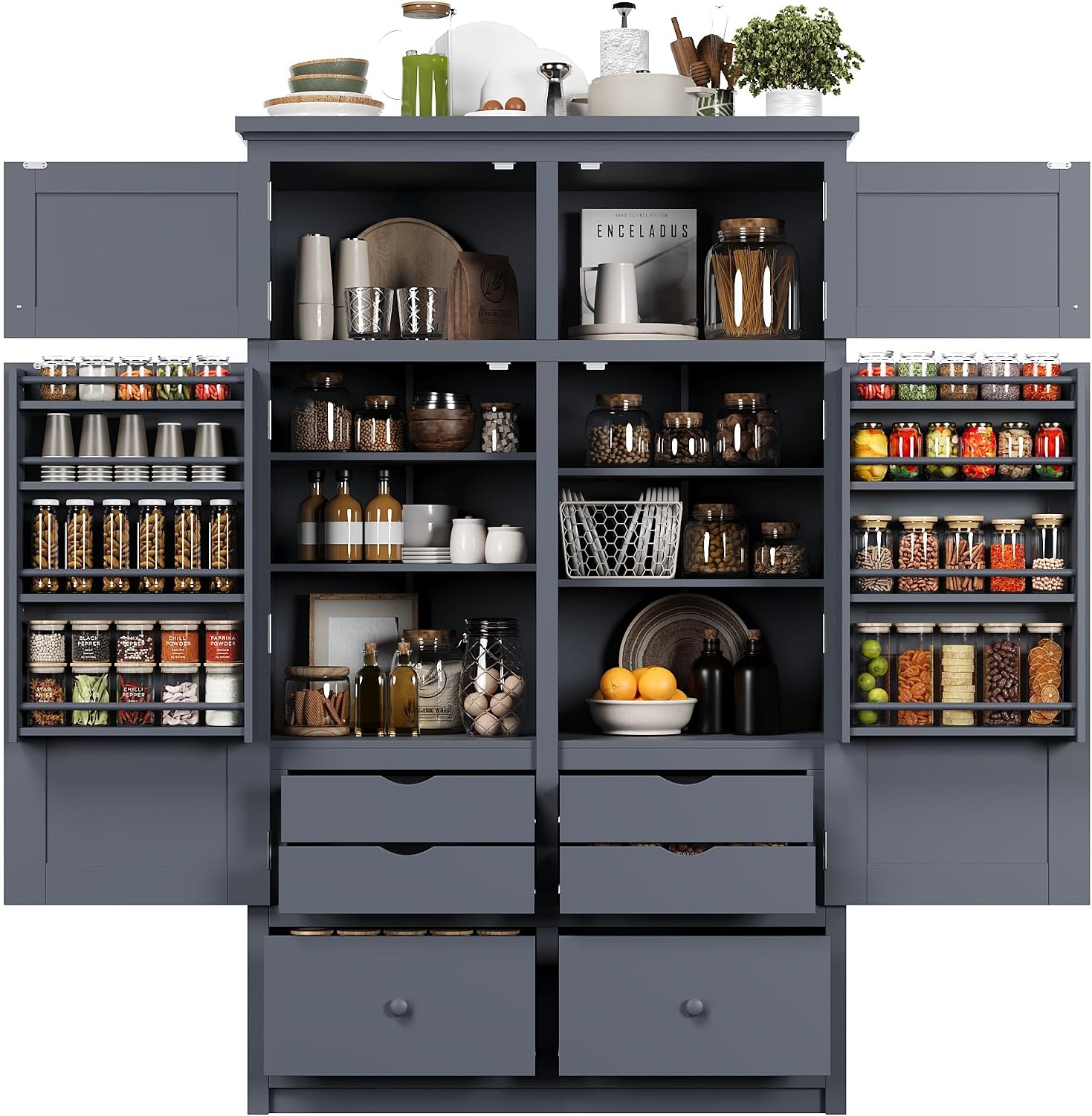 Tall Kitchen Pantry Cabinet with Adjustable Shelves, Freestanding Large Cupboard with 8 Door Shelves, 4 Pull-Out Trays, 6 Drawers for Kitchen, Dining Room (Grey)