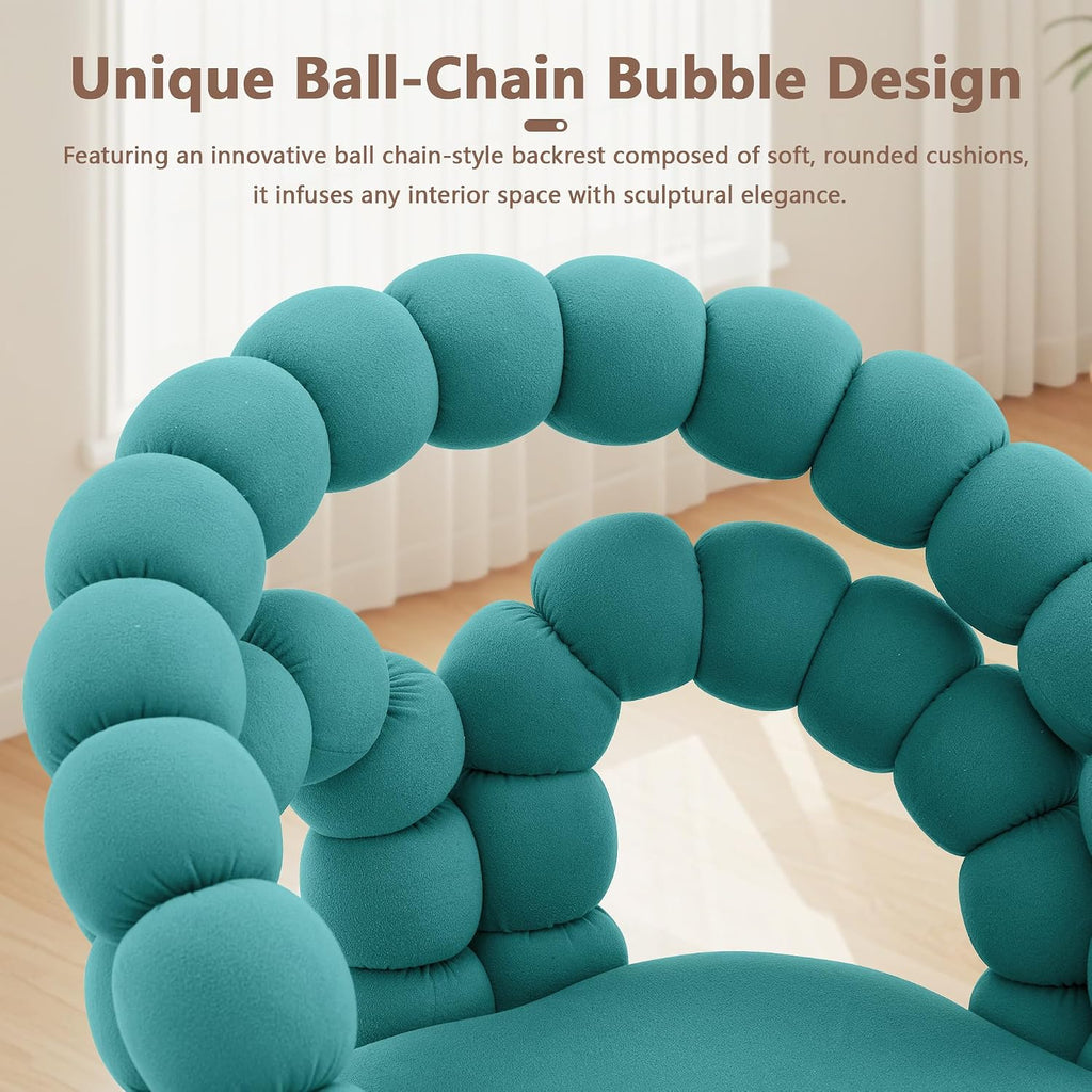 Puffy Bubble Ball Chain Chairs Set of 2, Modern Velvet Dining Chairs with Gold Legs, Contemporary Luxury Kitchen Chairs, Handcrafted Backrest, Lumbar Support, Suitable for Kitchen, Dining Room, Teal