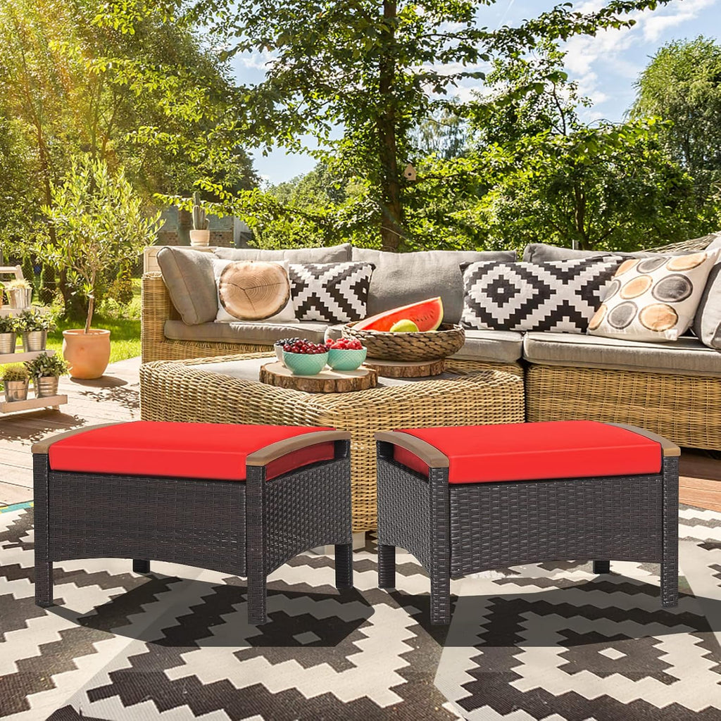 ORALNER Outdoor Ottoman, Set of 2 Rattan Footstools, All-Weather Wicker Foot Stools w/Removable Cushions, Patio Footrest Extra Seating for Porch, Poolside, Garden, Deck, Easy Assembly (Red)