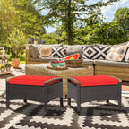 ORALNER Outdoor Ottoman, Set of 2 Rattan Footstools, All-Weather Wicker Foot Stools w/Removable Cushions, Patio Footrest Extra Seating for Porch, Poolside, Garden, Deck, Easy Assembly (Red)