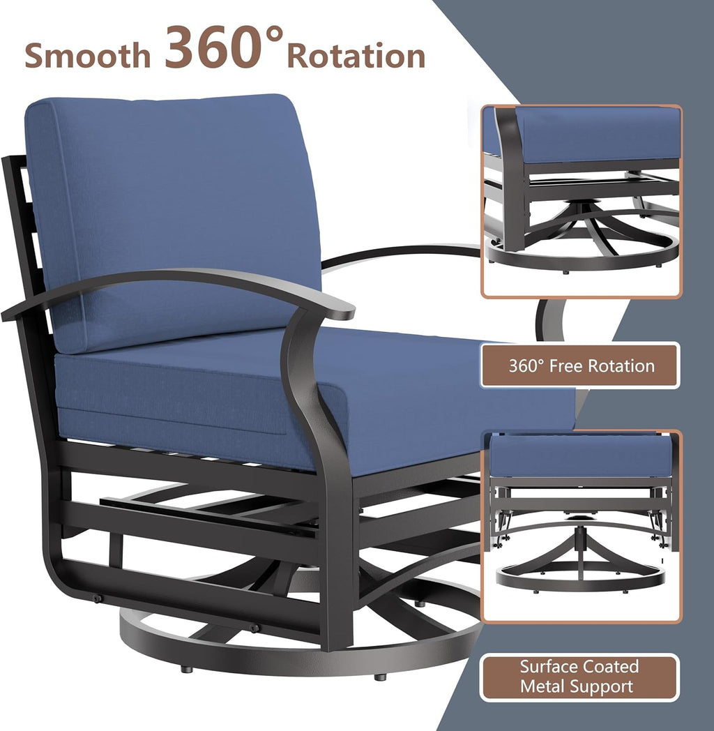 3 Piece Aluminum Swivel Rocking Chair Set, Outdoor Patio Swivel Gliders Chair with Glass Top Coffee Table, Conversation Furniture Set Suitable for Patio, Lawn, Outdoor, Back Garden(Dark Blue)