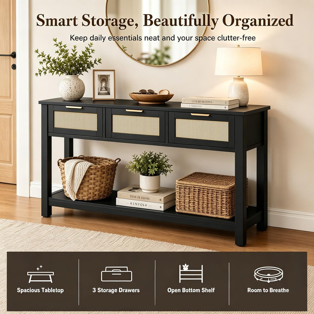 Luoxiao Rattan Console Table 3-Drawer 47" Narrow Black Entryway Sofa Table | Trendy Boho Hallway Foyer Storage, Open Shelf, Sturdy Wooden Entry Table for Living Room, Couch, Easy Assembly, Anti-Tip