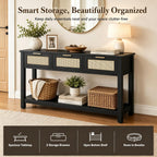Luoxiao Rattan Console Table 3-Drawer 47" Narrow Black Entryway Sofa Table | Trendy Boho Hallway Foyer Storage, Open Shelf, Sturdy Wooden Entry Table for Living Room, Couch, Easy Assembly, Anti-Tip