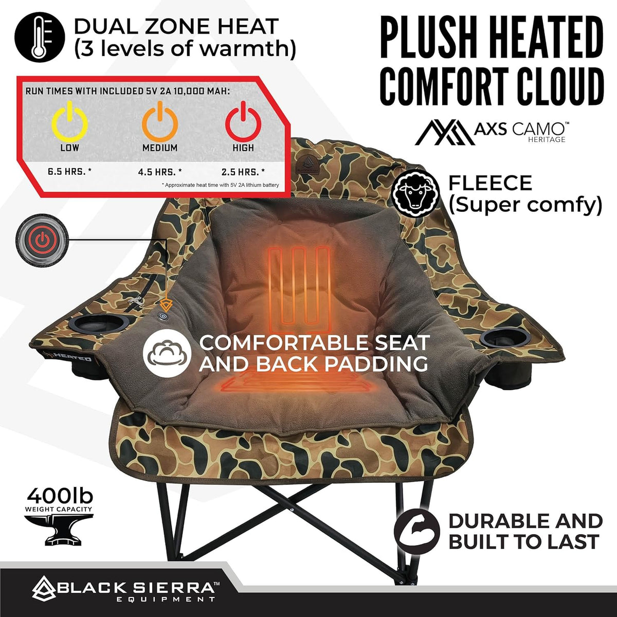 Black Sierra Heated Plush Fleece XL Padded Camping Chair for Adults, Oversized Heavy Duty Folding Seat with 3‑Level Heat & Battery Pack, Supports 400 lbs, Cup Holders & Carry Bag for Camping & RV