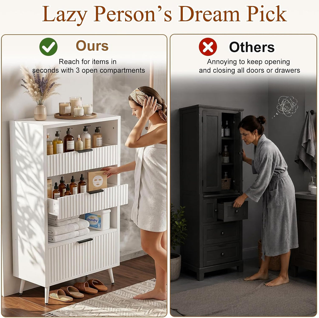 Bathroom Storage Cabinet, 51.2" H 5-Tier Freestanding Pantry Cabinet with 3 Extra-Large Drawers & Open Shelf, Fluted Floor Organizer Cupboard for Kitchen, Living Room, Anti-Tip, White