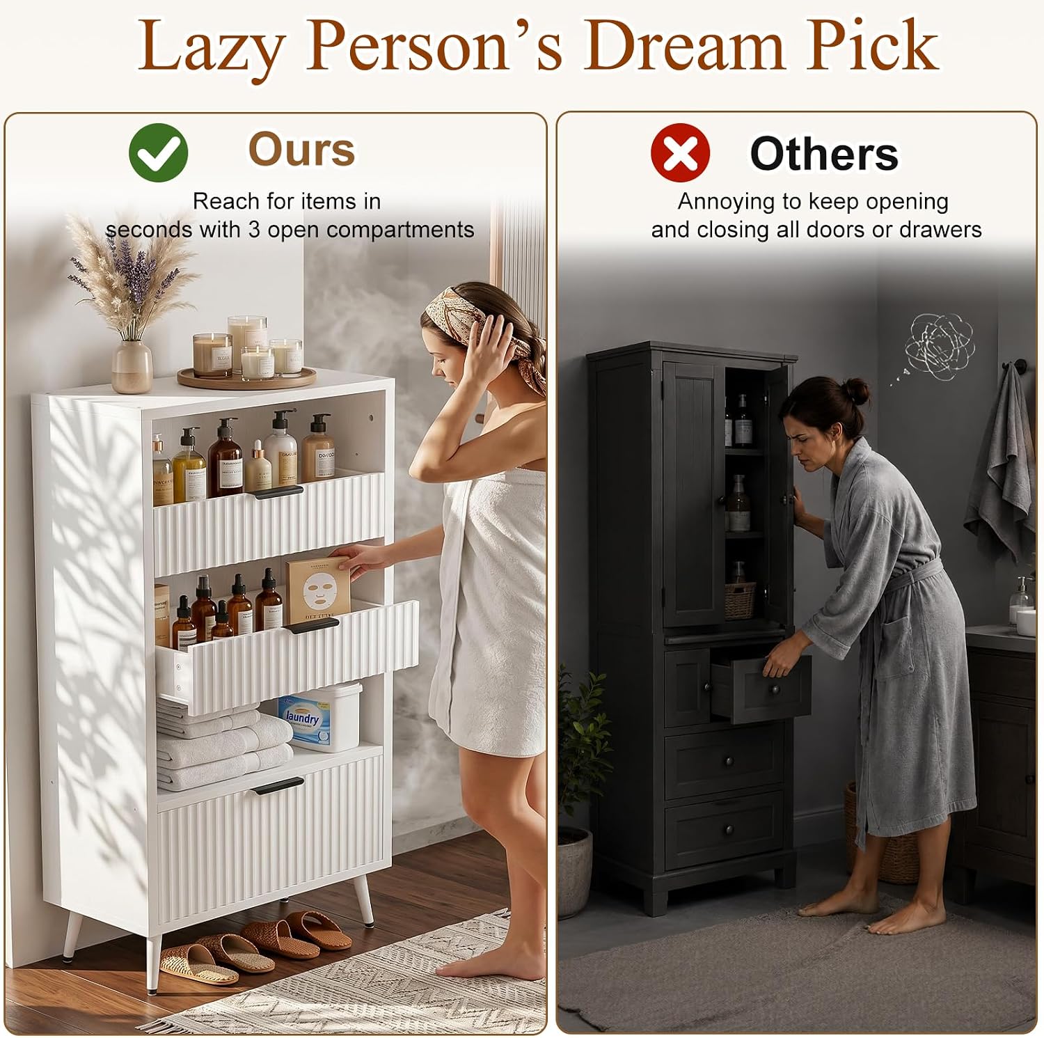 Bathroom Storage Cabinet, 51.2" H 5-Tier Freestanding Pantry Cabinet with 3 Extra-Large Drawers & Open Shelf, Fluted Floor Organizer Cupboard for Kitchen, Living Room, Anti-Tip, White