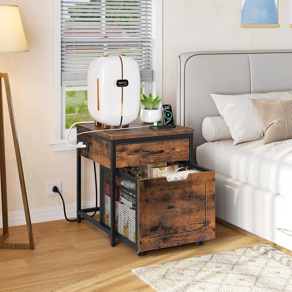 CHOEZON Mini Fridge Stand with Power Outlet, Large Side Table with 2AC and 2 USB Ports, Mobile Beverage Cart with Fabric Drawer for Dorm, Kitchen, Living Room, Rustic Brown and Black TBZ56UBF