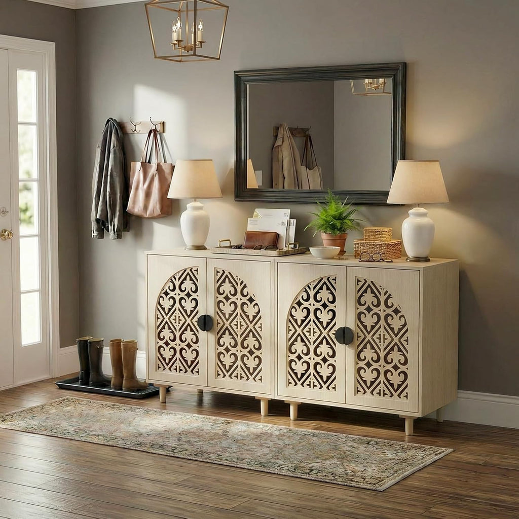 Boho Sideboard Buffet Cabinet, Decorative Storage Cabinet with Doors and Shelves, Wood Entryway Cabinet with Hollow Carving Design for Living Room, Kitchen,Hallway, Natural Wood