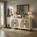 Boho Sideboard Buffet Cabinet, Decorative Storage Cabinet with Doors and Shelves, Wood Entryway Cabinet with Hollow Carving Design for Living Room, Kitchen,Hallway, Natural Wood