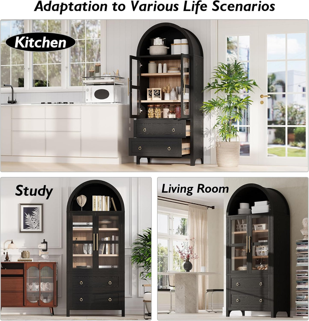 71" Tall Arched Kitchen Pantry Cabinet with Glass Doors, Modern Wood China Cabinet Storage Hutch with 2 Storage Compartment and Adjustable Shelves, Suitable for Dining Room, Coffee Bar