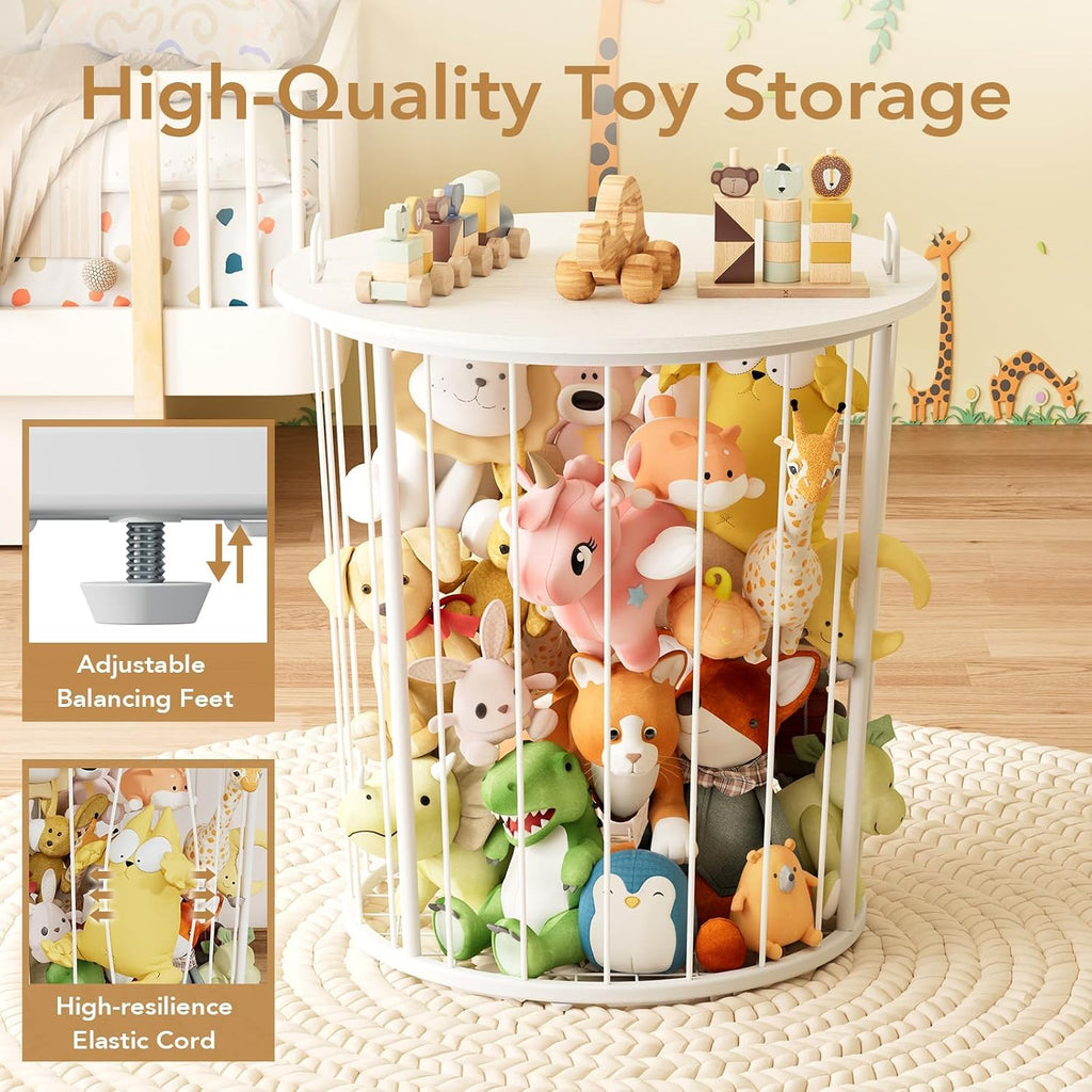BBLIKE Large Stuffed Animal Storage End Table, Toy Storage for Kids Room | 100L Large Capacity, Metal Frame with Wood Lid, Elastic Rope, Side Handles, Wooden Stuffed Zoo Animal Holder, White