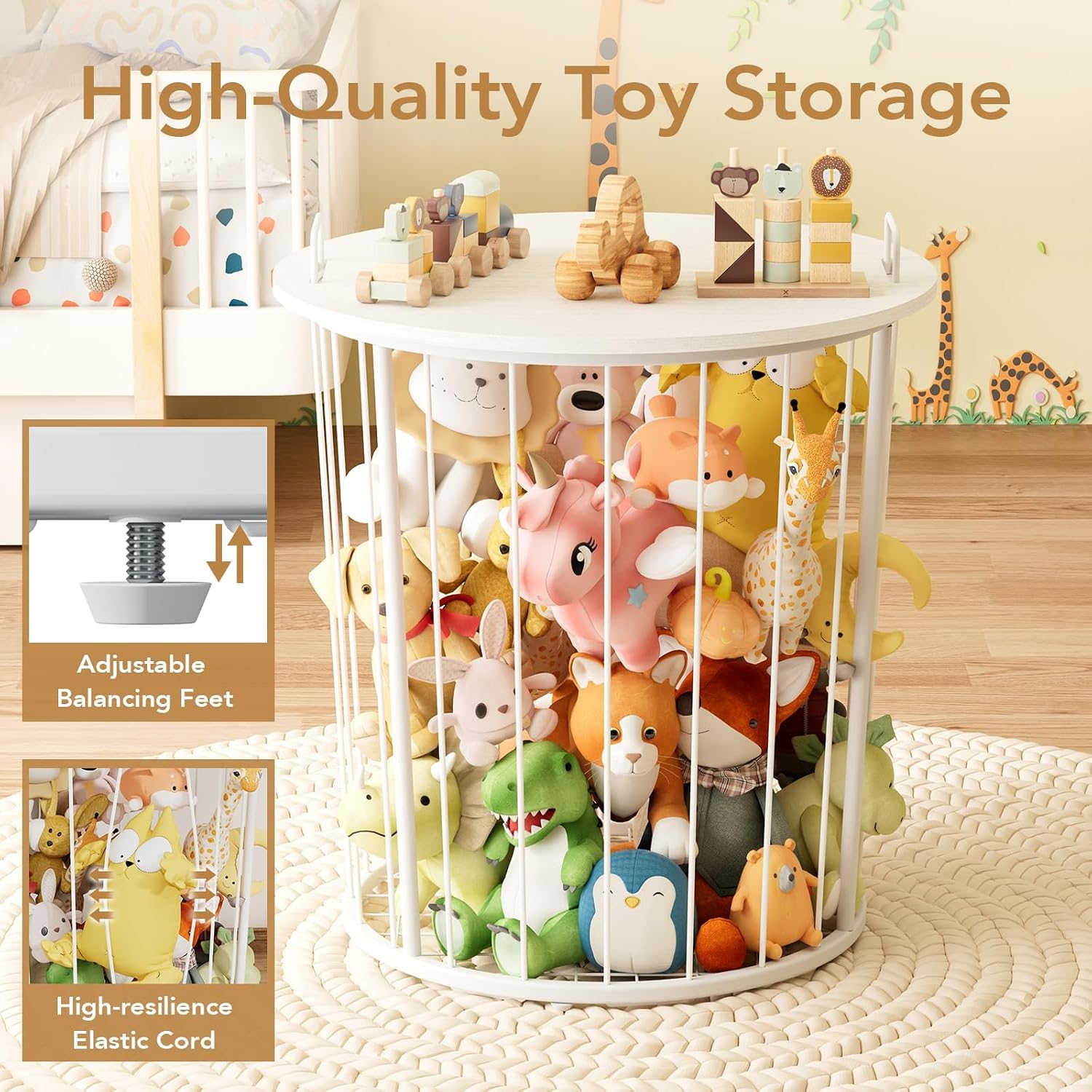 BBLIKE Large Stuffed Animal Storage End Table, Toy Storage for Kids Room | 100L Large Capacity, Metal Frame with Wood Lid, Elastic Rope, Side Handles, Wooden Stuffed Zoo Animal Holder, White