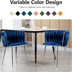 Velvet Dining Chairs Velvet Woven Upholstered Dining Room Chair Modern Armrest Lounge Chair with Metal Legs for Dining Kitchen Vanity Chair for Makeup Room (Navy+Sliver Leg, Set of 2)