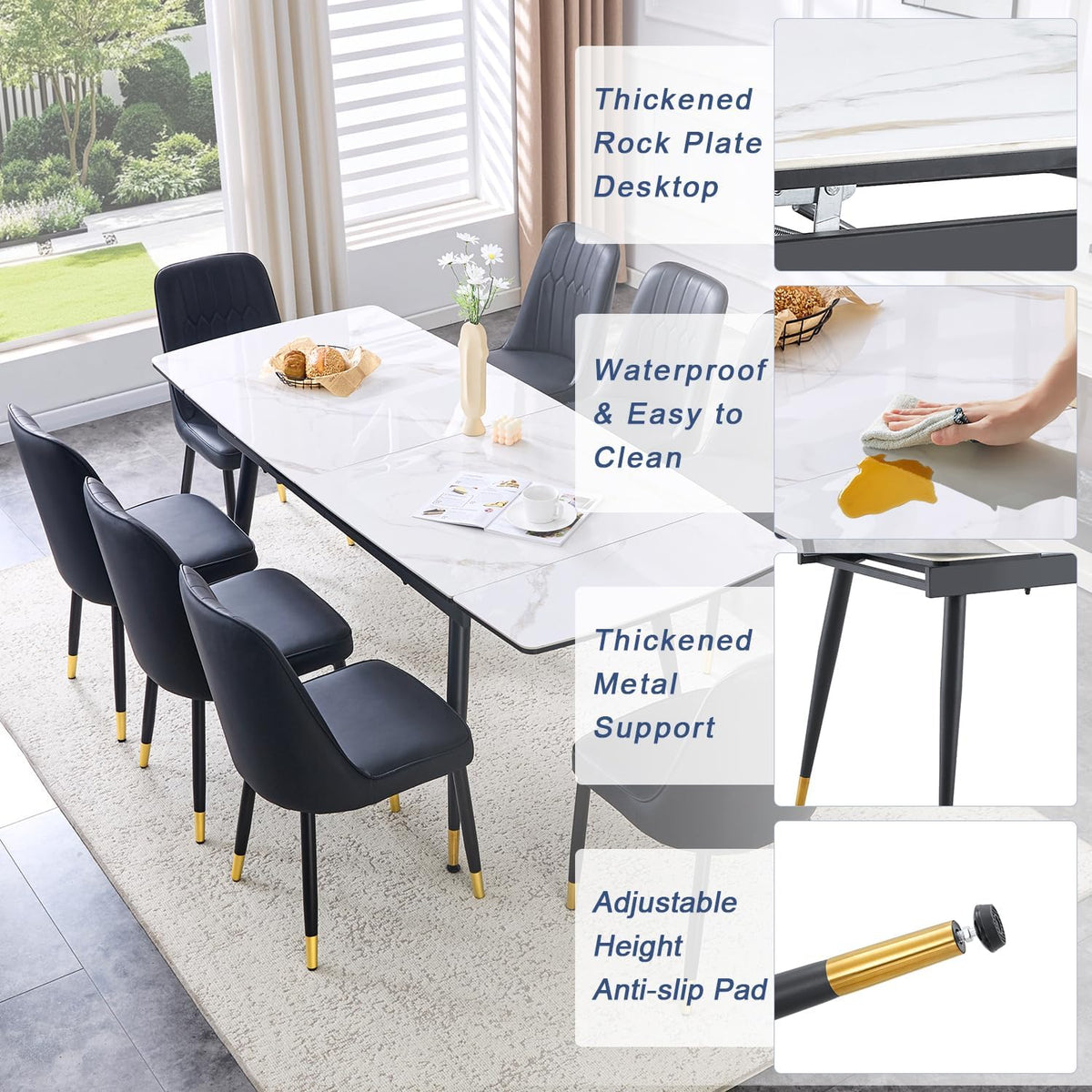 Extendable Dining Table Set for 8, 55"–79" Rectangular Dining Table with White Sintered Stone Top and 8 PU Leather Chairs, Modern Kitchen & Dining Room Table for Family Gatherings, Built to Last