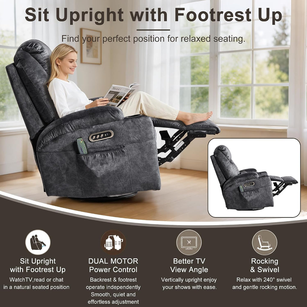 AHMED Dual Motor Power Swivel Rocker Recliner Chair, Velvet Grey | Electric Glider Rocking Chair, Massage & Heat, Cup Holders, LED Lights, USB A/USB C Ports
