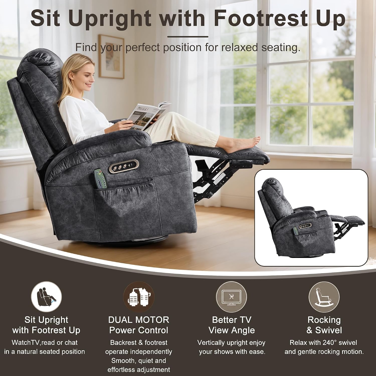 AHMED Dual Motor Power Swivel Rocker Recliner Chair, Velvet Grey | Electric Glider Rocking Chair, Massage & Heat, Cup Holders, LED Lights, USB A/USB C Ports