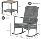 Outsunny 3 Piece Patio Rocking Chair Set, 2 PE Wicker Rocking Chairs, Cushioned, 1 Two-Tier Wood Slat Coffee Table, Rattan Front Porch Furniture, Gray