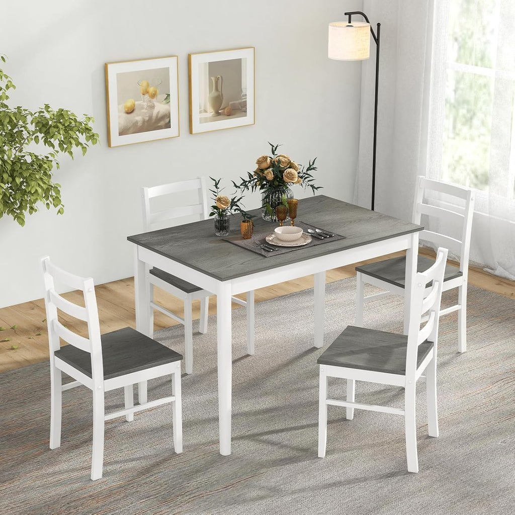 Tangkula Dining Table Set for 4, Farmhouse Solid Wood Dinette Set w/Rubber Wood Legs, Compact Wooden Dining Table and Chairs Set for Kitchen, Dining Room (Grey+White)