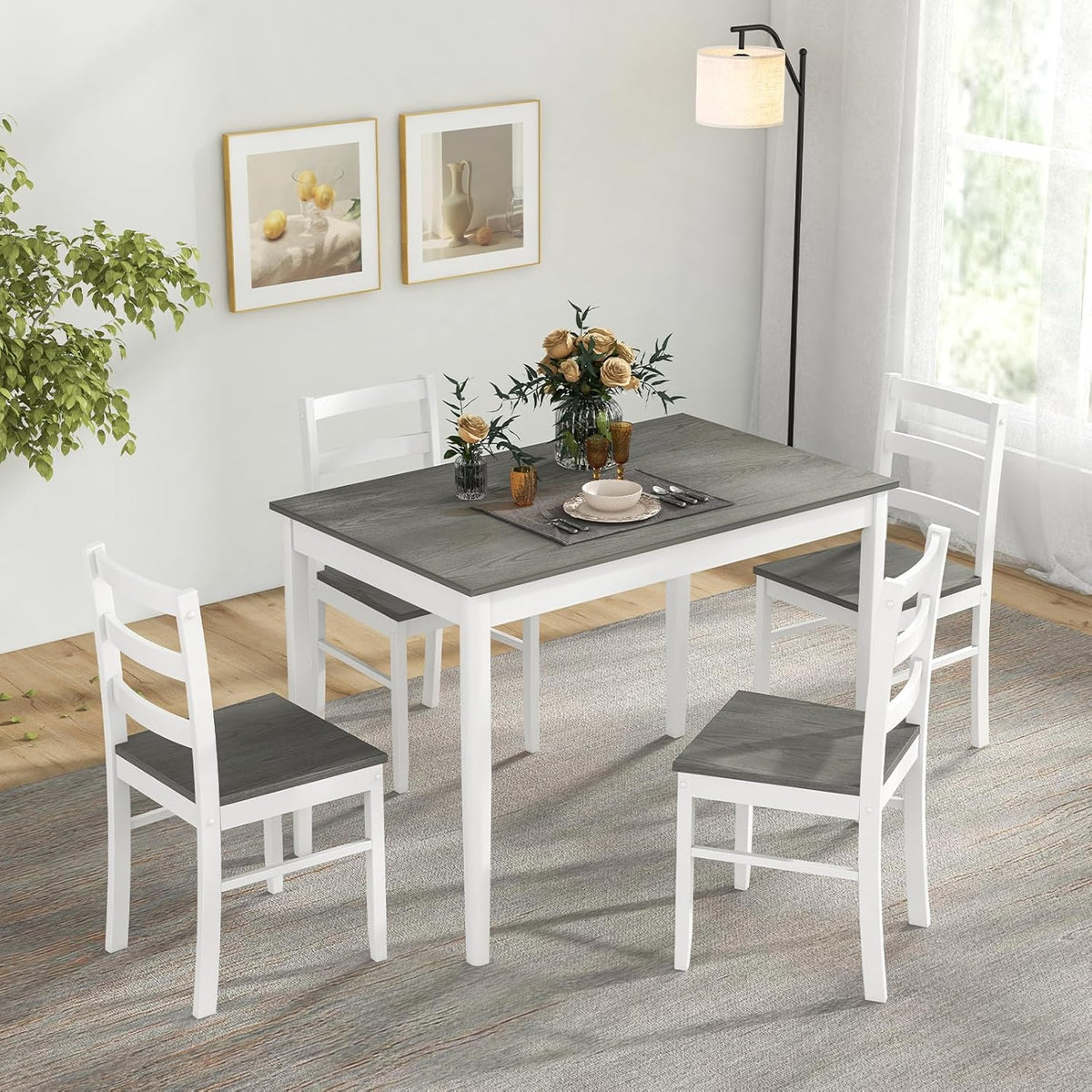 Tangkula Dining Table Set for 4, Farmhouse Solid Wood Dinette Set w/Rubber Wood Legs, Compact Wooden Dining Table and Chairs Set for Kitchen, Dining Room (Grey+White)