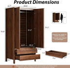 MAISONARIA Wardrobe with 2 Doors and 2 Drawers, 70.9”H Modern Walnut Bedroom Armoire Closet with Hidden Handles, Freestanding Wooden Storage Cabinet for Clothes and Essentials