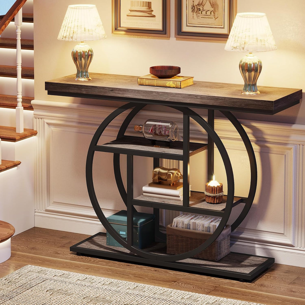 Tribesigns 41.3" Console Table, Industrial 4-Tier Sofa Table Entryway Table with Circle Base, Narrow Wood Accent Tables with Storage Shelves for Living Room, Hallway, Foyer, Gray | Industrial