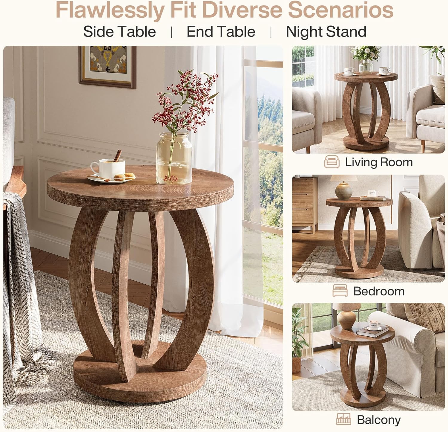 Tribesigns End Table, Round Side Table with Storage, Farmhouse Nightstand Bedside with Round Tabletop, Accent End Table for Living Room Bedroom Small Space, Wooden Accent Furniture, Rustic Brown
