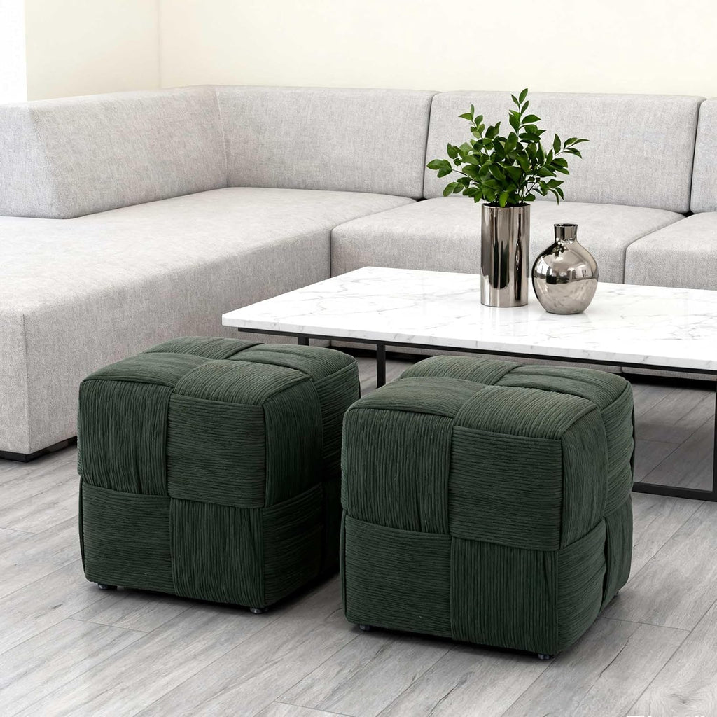 Green Cube Ottoman, Foot Rests Pouf Soft and Comfortable Corduroy Woven Design, Foot Rest for Couch for Living Room, Bedroom, Square Pouf Ottoman 14.2" (Green)