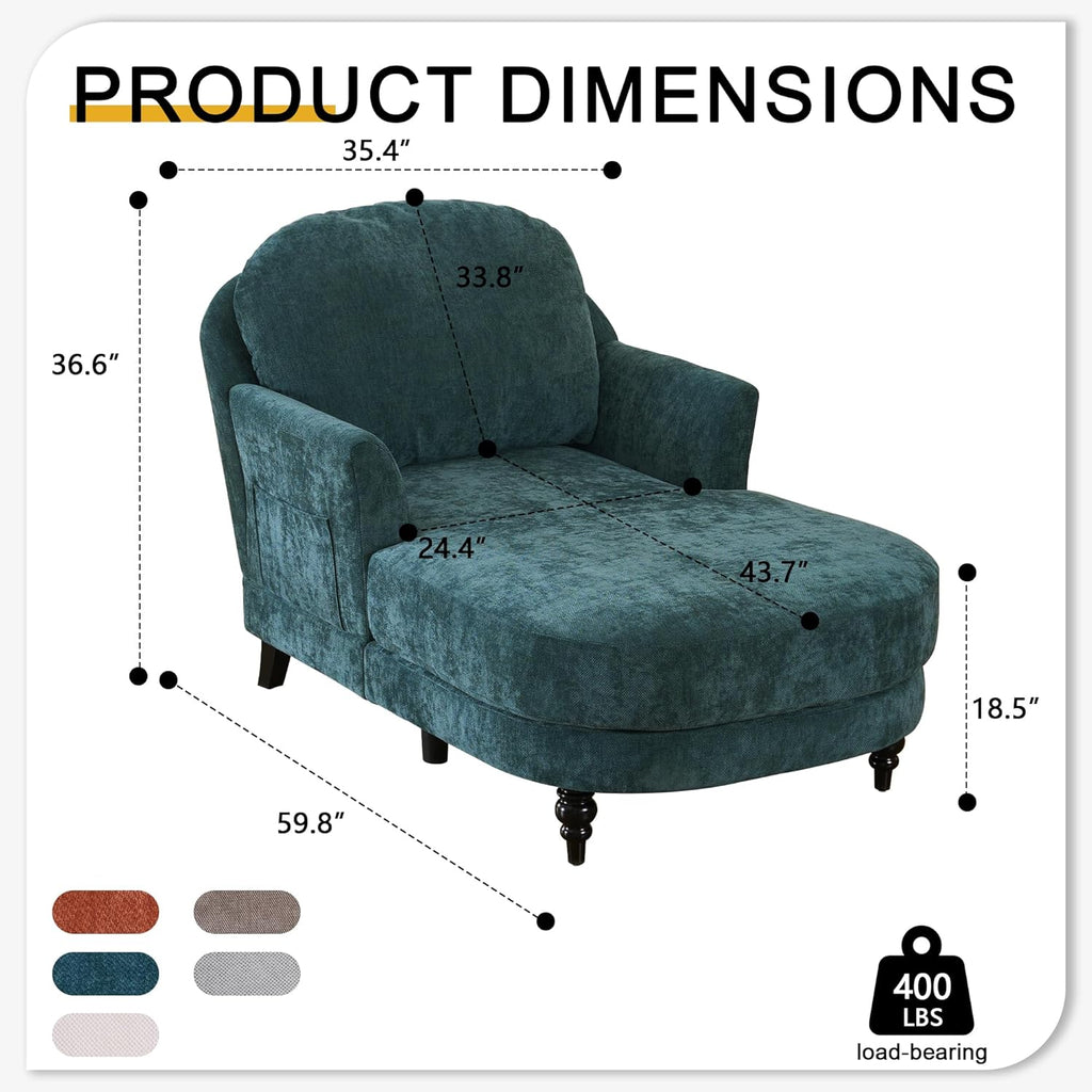 Chaise Lounge Chair Indoor, 59.8" Oversized Couch Reading Chairs, Chenille Comfortable Deep Sleeping Single Sofa, Upholstered Modern Couch Sofa Bed for Living Room, Bedroom & Apartment (Teal)