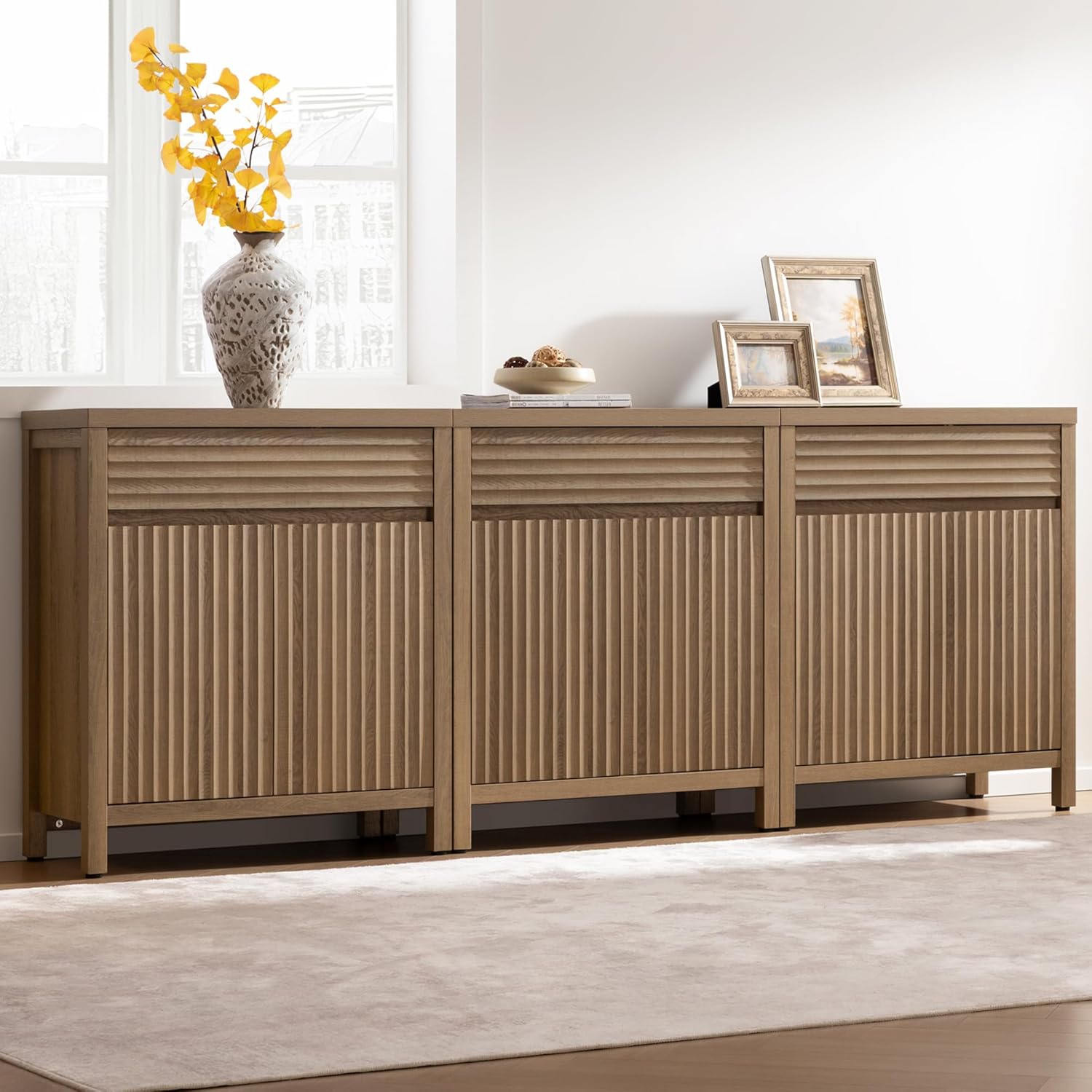 SICOTAS 87" Extra Large Buffet Cabinet with Storage, Modern Fluted Sideboard Cabinet with Drawers & Adjustable Shelves, Premium Credenza for Large Spaces, Reclaimed Caramel Oak, 3 PCS
