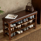 Homleke Solid Wood Shoe Storage Bench with Cushion,Classic Turned Ball Legs | 3-Tier Tall Entryway Bench with Leather Seat, Holds Up to 12 Pairs, for Hallway and Bedroom, Walnut, 39.4 Inch