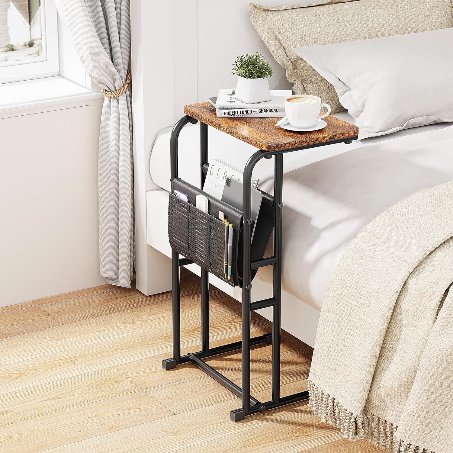 Olldide C-Shaped End Table with Storage Bag, Slide Under Couch Sofa Side Table, Metal Frame for Living Room, Bedroom, Bedside, Small Space (Rustic Brown)