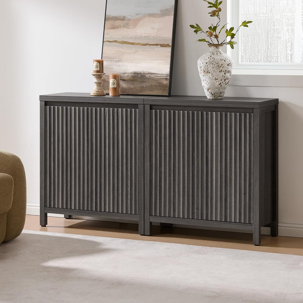 SICOTAS Sideboard Buffet Cabinet with Storage, Fluted Credenza Console Cabinet with Adjustable Shelves, Modern Coffee Bar Storage Cabinet for Kitchen, Living Room, Entryway, Black Oak, 3 PCS