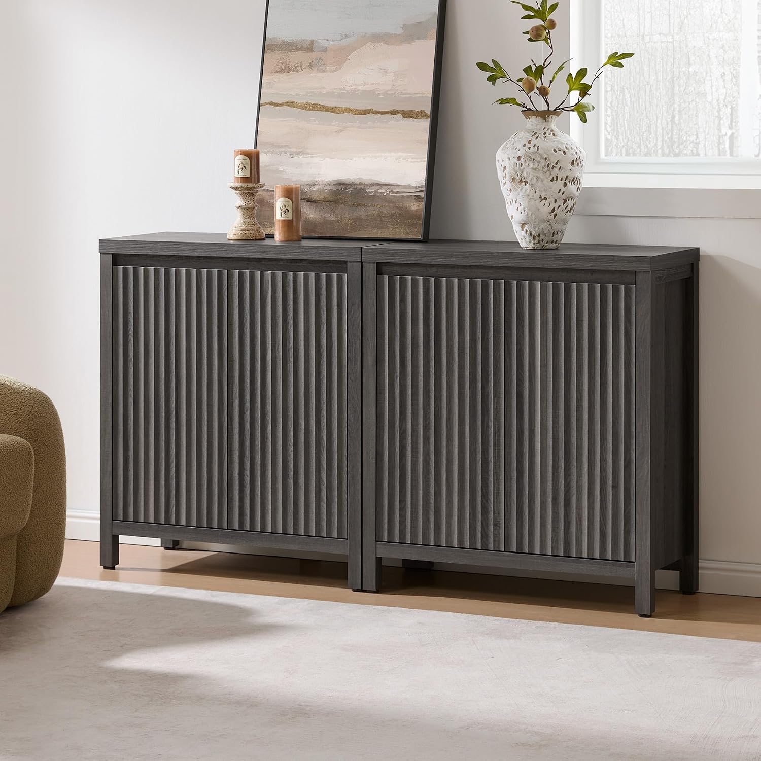 SICOTAS Sideboard Buffet Cabinet with Storage, Fluted Credenza Console Cabinet with Adjustable Shelves, Modern Coffee Bar Storage Cabinet for Kitchen, Living Room, Entryway, Black Oak, 3 PCS