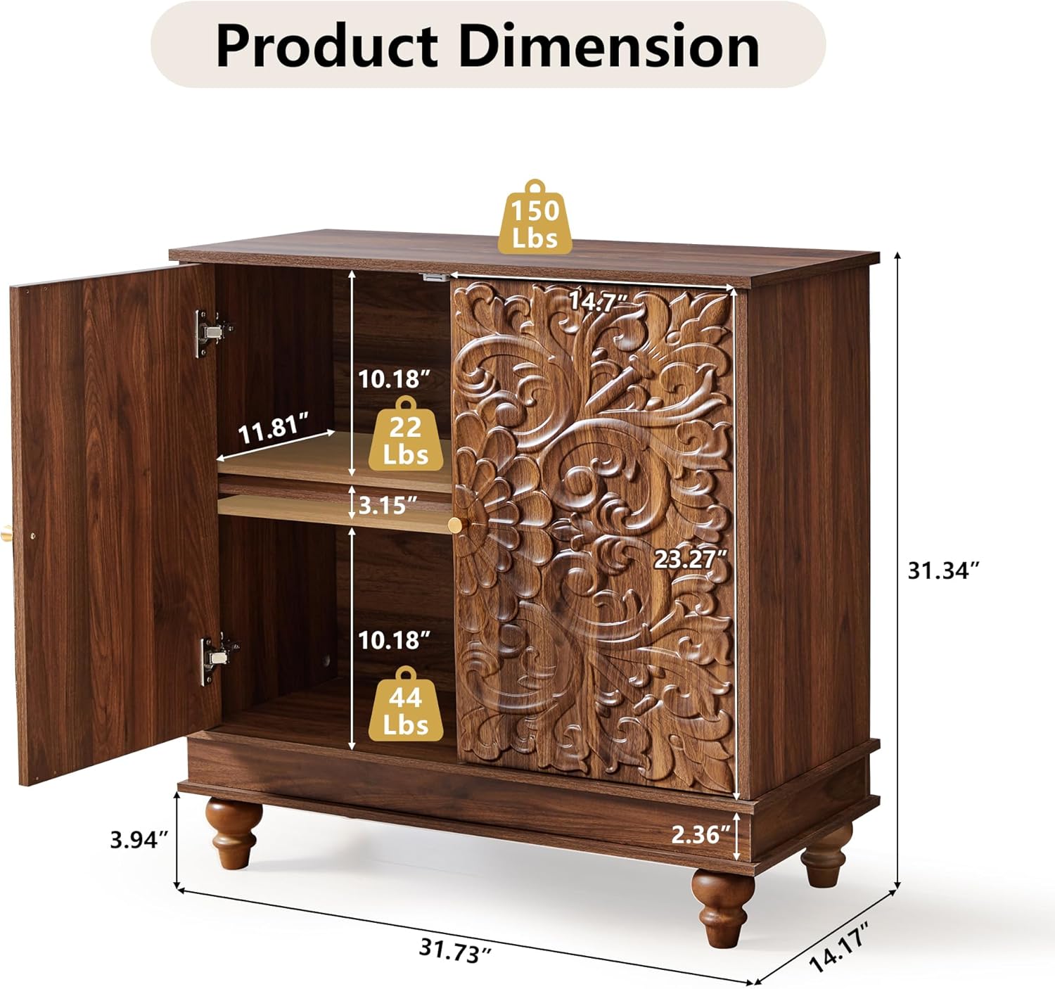 weselon Accent Cabinet with 2 Doors, Farmhouse Carved Buffet Sideboard with Adjustable Shelves, Storage Cabinet Entryway Table for Living Room (Walnut)