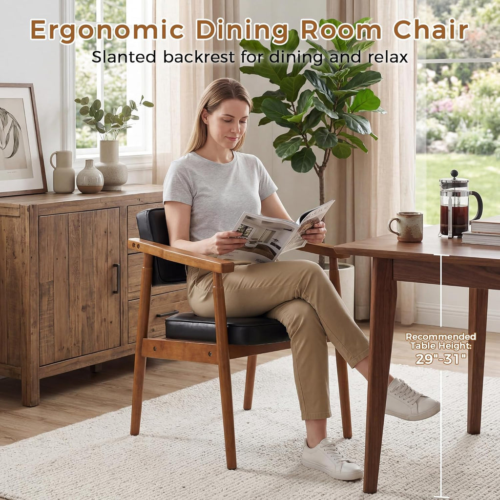 LSSPAID Mid Century Dining Chairs Set of 4, Black PU Leather with Walnut Finished Handrails Comfy Backrest, Farmhouse Dining Room Chairs for Kitchen, Living Space & Restaurant