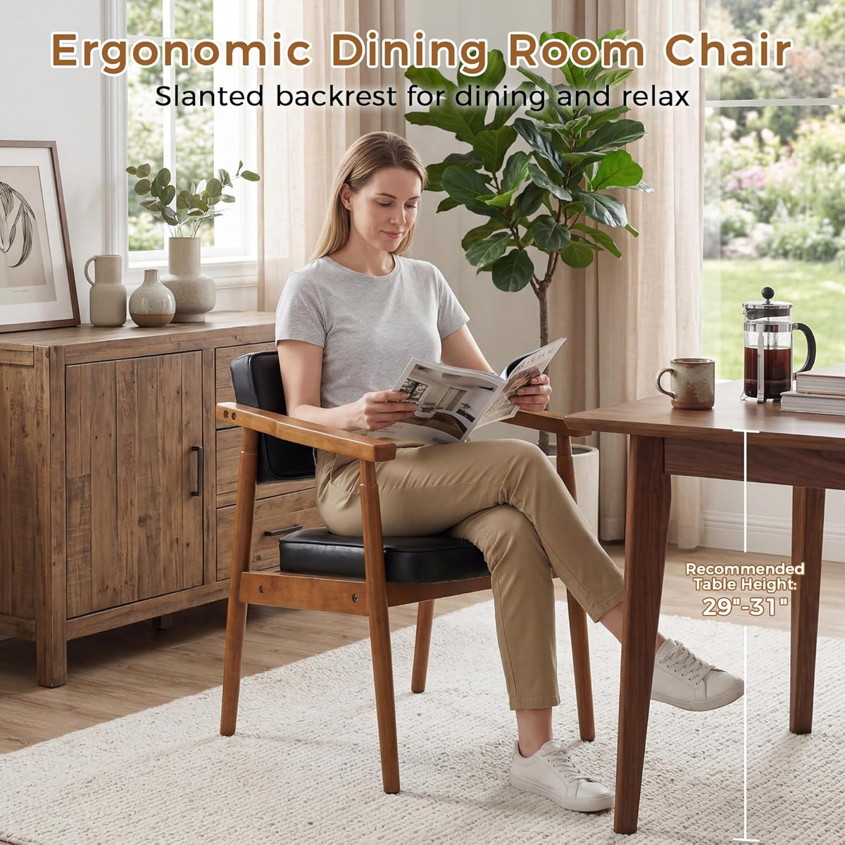 LSSPAID Mid Century Dining Chairs Set of 4, Black PU Leather with Walnut Finished Handrails Comfy Backrest, Farmhouse Dining Room Chairs for Kitchen, Living Space & Restaurant