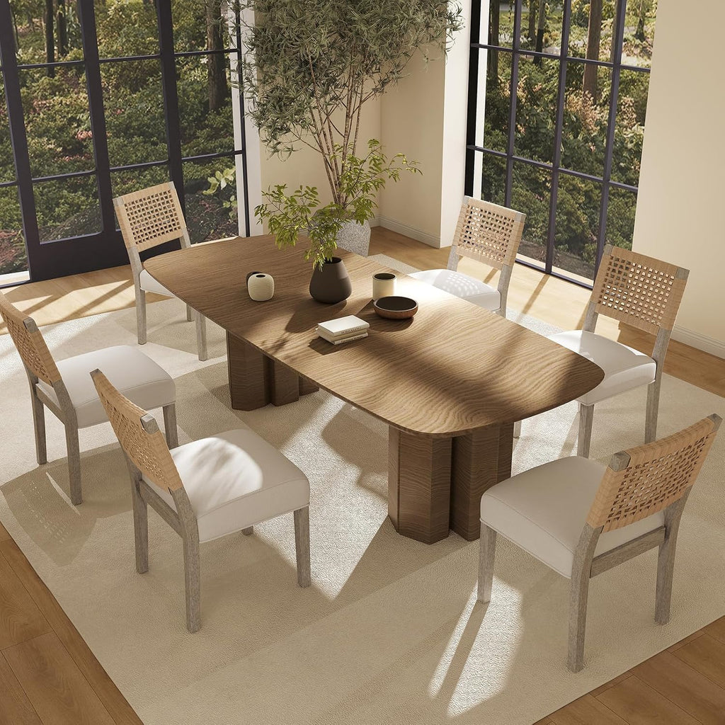 Farmhouse Dining Chairs Set of 4, Upholstered Kitchen Room Chairs with Rattan Back, Solid Wood Woven Back Dining Chairs Accent Linen Side Chair for Dining/Living Room/Dinner, Ivory