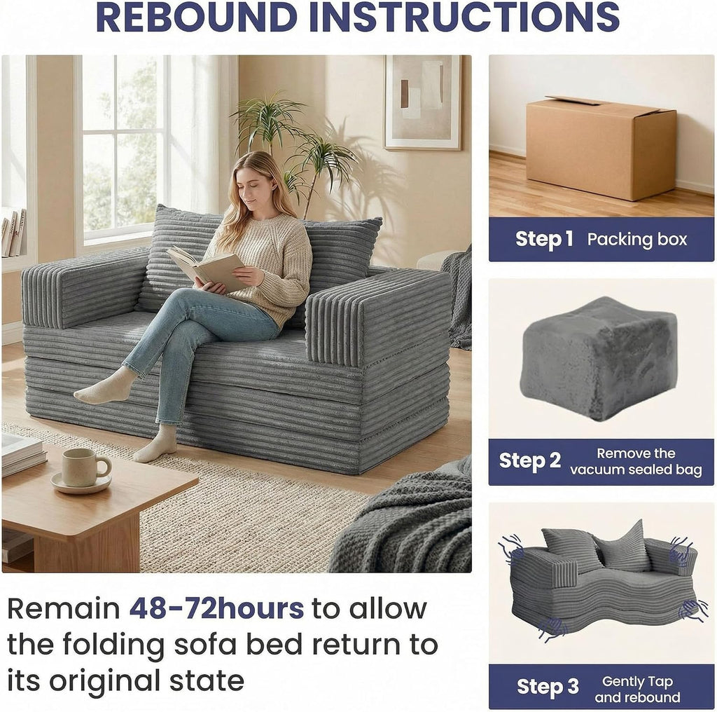 Convertible Sofa Bed, 4-in-1 Loveseat with Removable Armrests Backrest, Corduroy Futon Couch Bed with Pillow, Foldable Mattress Sleeper Sofa for Living Room Bedroom Small Place (Grey)