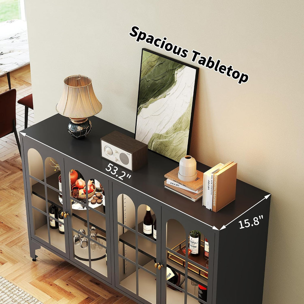 Foreate Sideboard Buffet Cabinet with Glass Door & LED Light, 53.2" Large Buffet Cabinet with Storage & Adjustable Shelf, Farmhouse Sideboard Credenzas Metal Kitchen Buffet, Black
