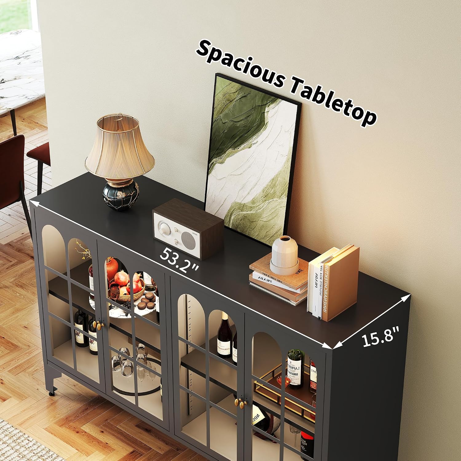 Foreate Sideboard Buffet Cabinet with Glass Door & LED Light, 53.2" Large Buffet Cabinet with Storage & Adjustable Shelf, Farmhouse Sideboard Credenzas Metal Kitchen Buffet, Black